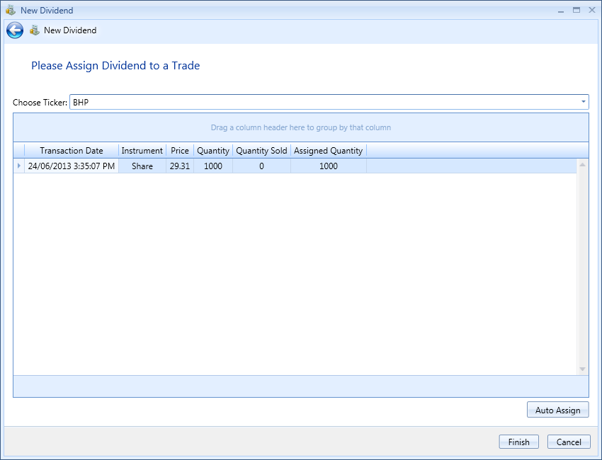 Screenshot of the dividend to trades assignment page