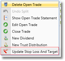 Update Stop Loss And Target Row Menu Item Highlighted