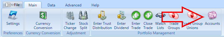 Accounts Toolbar Item In Main Window | Stock Portfolio Organizer