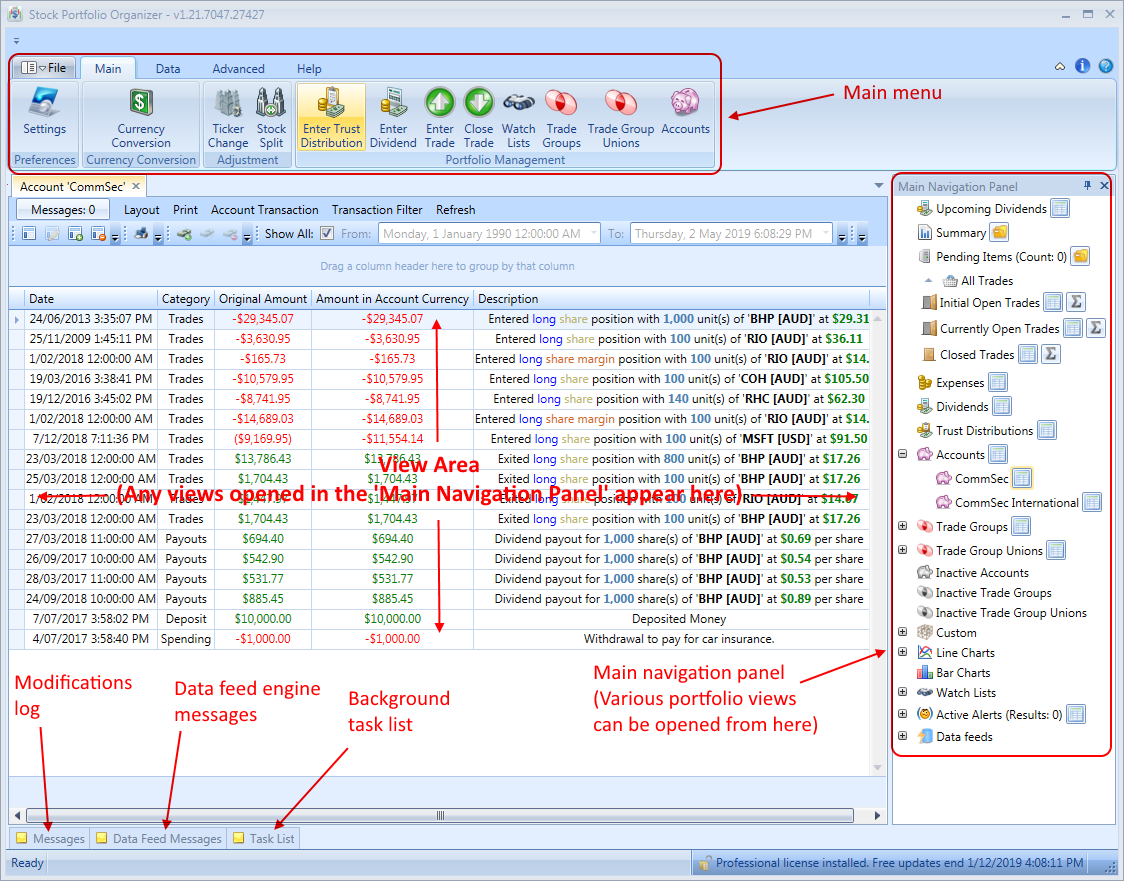 Main Window In Stock Portfolio Organizer With Captions