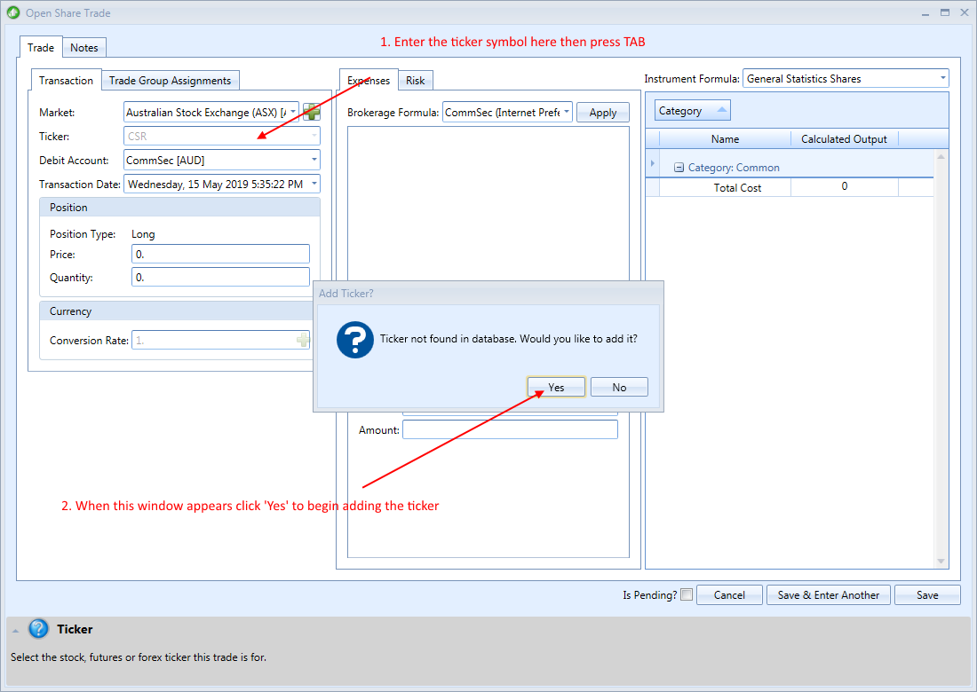 How to Add Ticker in Open Share Trade Window | Stock Portfolio Organizer