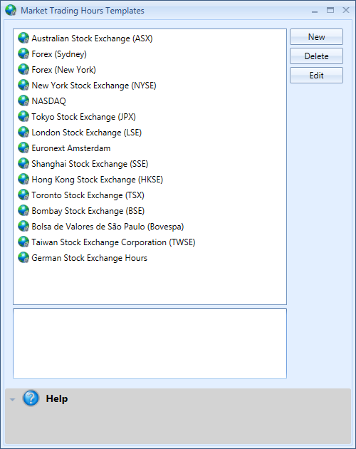 Market Trading Hours Templates Window | Stock Portfolio Organizer