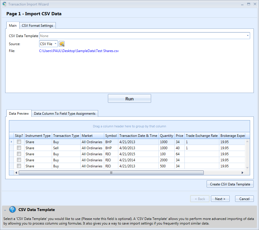 Transaction Import Wizard Window Page 1 | Stock Portfolio Organizer