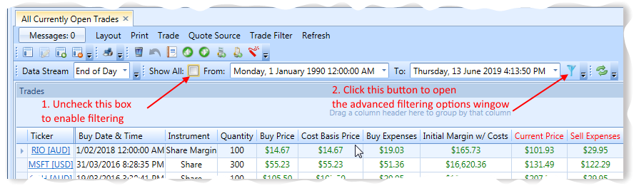 All Open Trades View With Trade Filtering Annotations | Stock Portfolio Organizer