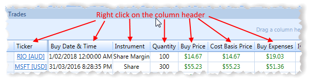 Grid View Column Header Right Click | Stock Portfolio Organizer