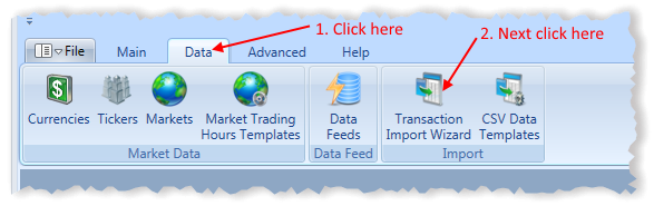 Main Menu Transaction Import Wizard Toolbar Item Highlighted | Stock Portfolio Organizer