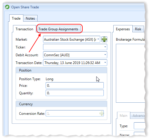 New Open Share Trade Window Trade Group Assignments Tab Highlighted | Stock Portfolio Organizer