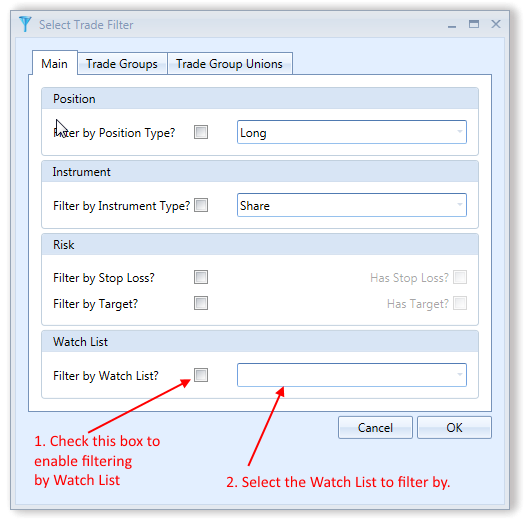 Select Trade Filter With Watch List Filtering Highlighted | Stock Portfolio Organizer