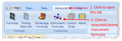 Main Menu Advanced Tab With Instrument Formulas Highlighted | Stock Portfolio Organizer