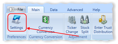 Main Menu Application Settings Toolbar Item Highlighted | Stock Portfolio Organizer