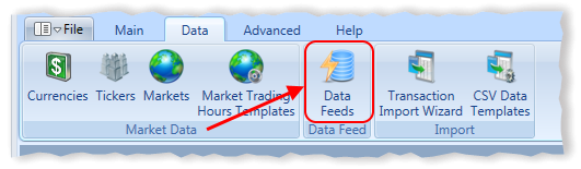 Main Menu Data Feeds Toolbar Item Highlighted | Stock Portfolio Organizer