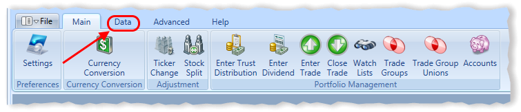 Main Menu Data Tab Highlighted | Stock Portfolio Organizer