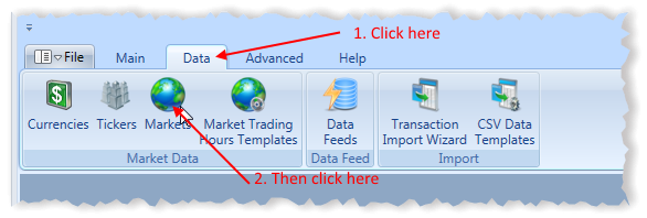 Main Menu Data Tab With Markets Highlighted | Stock Portfolio Organizer