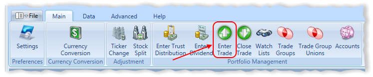 Main Menu New Open Trade Toolbar Item Highlighted | Stock Portfolio Organizer