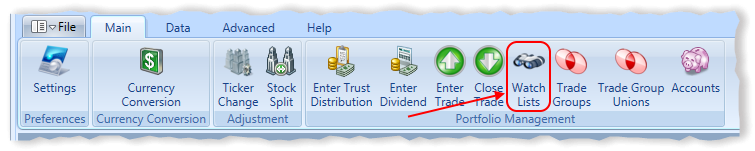 Main Menu Watch Lists Toolbar Item Highlighted | Stock Portfolio Organizer