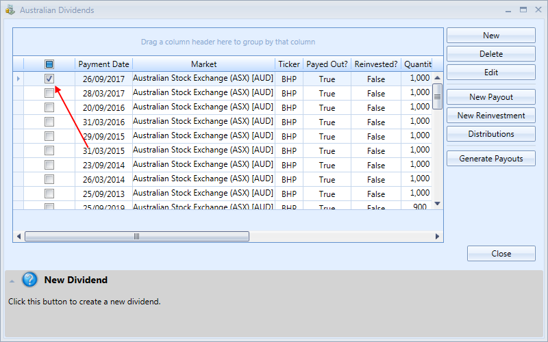 Australian Dividends Window With Dividend Selected | Stock Portfolio Organizer