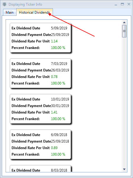 Displaying Ticker Info Window with Historical Dividends Tab Open | Stock Portfolio Organizer