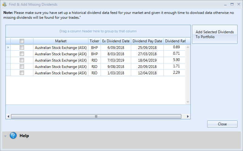 Find and Add Missing Dividends Window | Stock Portfolio Organizer