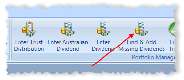 Main Menu Find-and Add Missing Dividends Toolbar Item Highlighted | Stock Portfolio Organizer